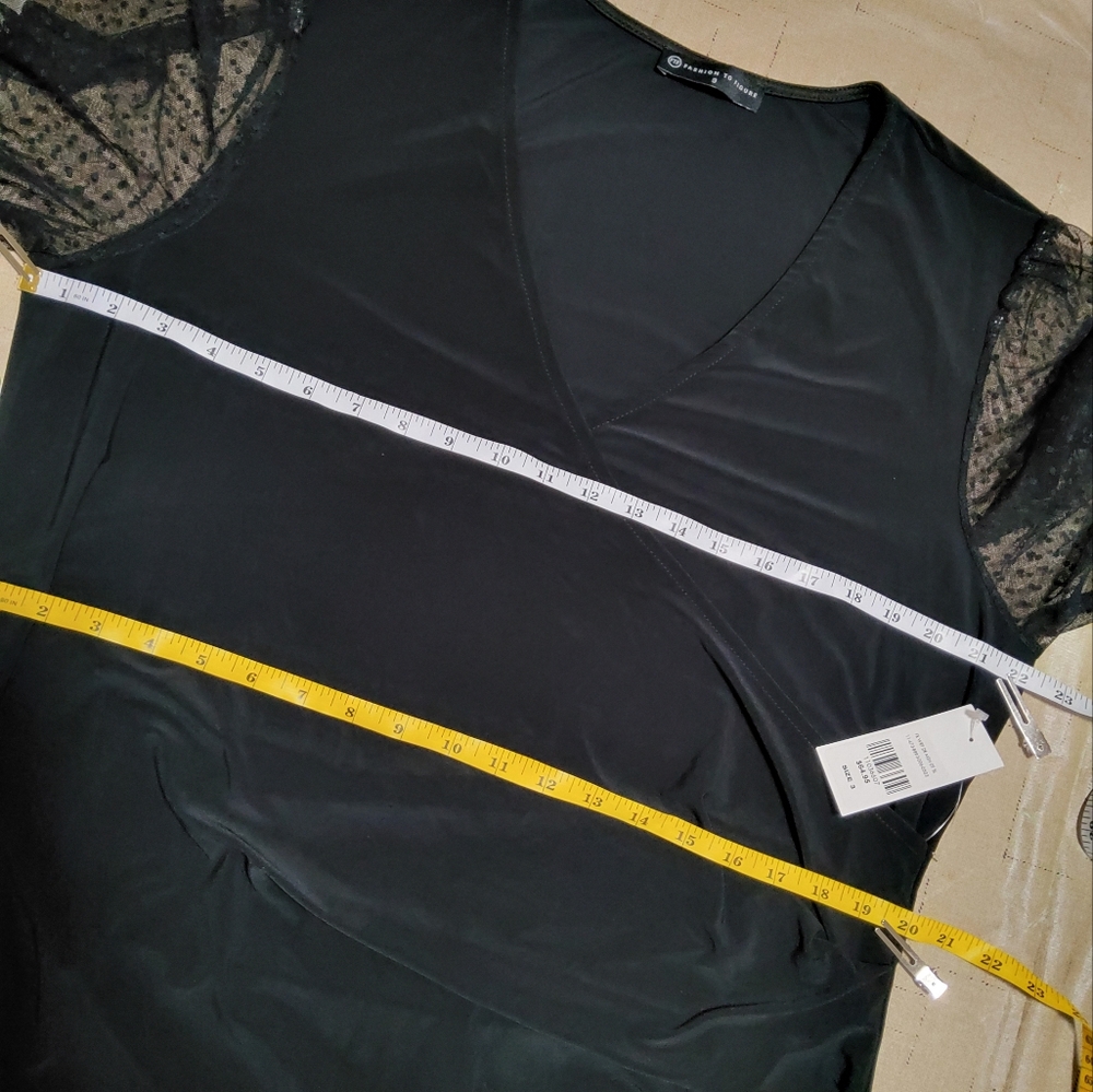 fashion To Figure Stretch  Black Mesh Long Lanter Sleeve Faux Wrap Dress Size 3 - Picture 5 of 10